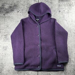 PATAGONIA WOMENS FLEECE SHEARLING CARDIGAN BUTTON UP HOODED PURPLE EGGPLANT SZ L